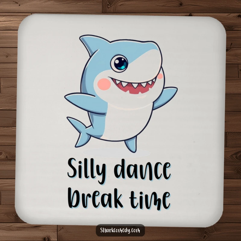 Funny drink coasters featuring a googly-eyed shark doing a silly dance, protecting surfaces while adding a humorous visual element.