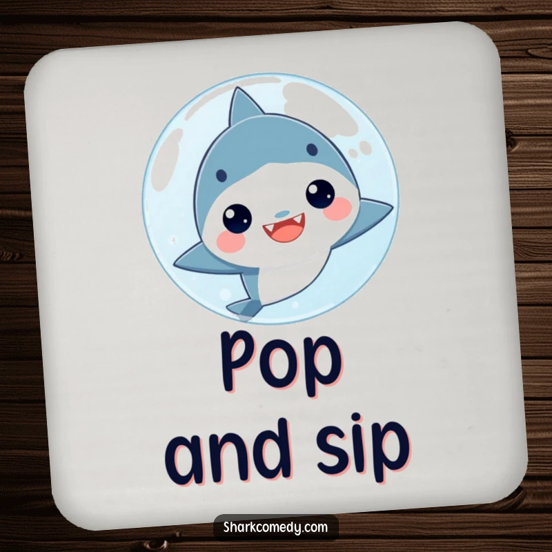Funny kawaii shark peeking from behind a bubble on a drink coaster, protecting surfaces with adorable ocean-themed humor.