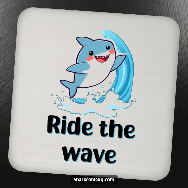 Funny drink coaster featuring a kawaii shark leaping joyfully from a blue wave, adding a cute and protective touch.