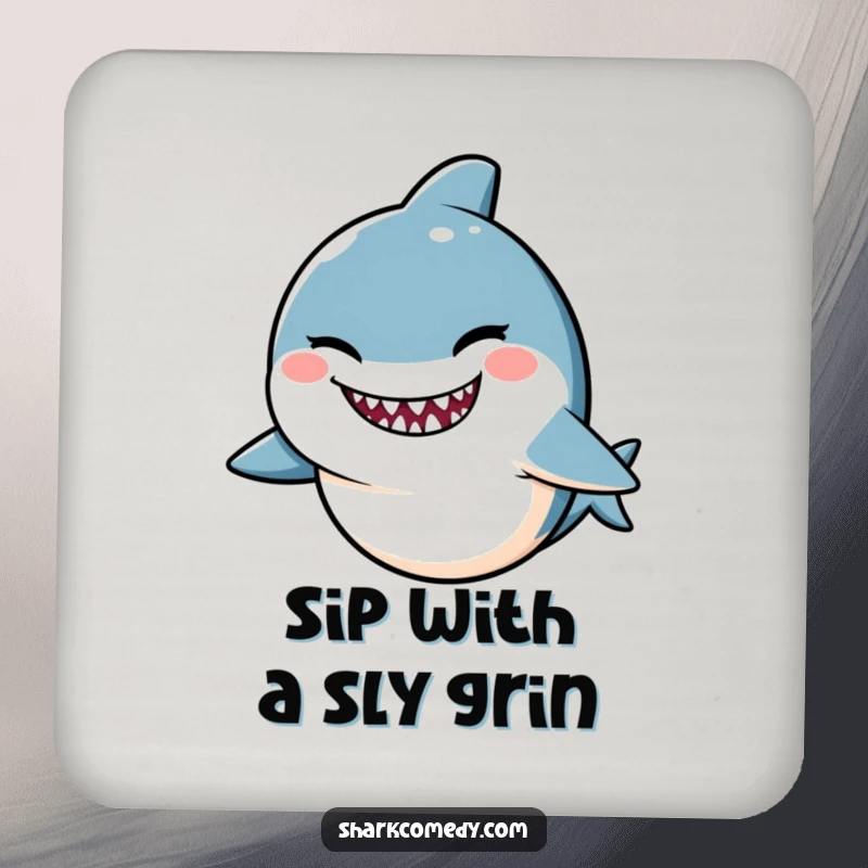 Funny Kawaii shark drink coasters, a cute shark winking with a mischievous smile, offering humorous surface protection.