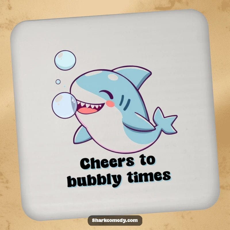 Funny Kawaii shark drink coasters, a cute shark joyfully playing with a bubble, offering humorous surface protection.