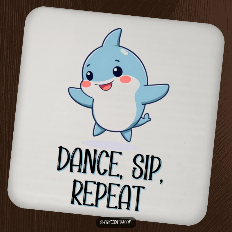 Funny Kawaii shark drink coasters, a cute shark doing a silly dance with fins waving, offering humorous surface protection.