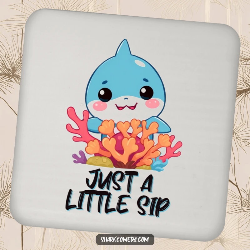 Funny Kawaii Shark Coaster: Protective coaster with a cute kawaii shark peeking from colorful coral.