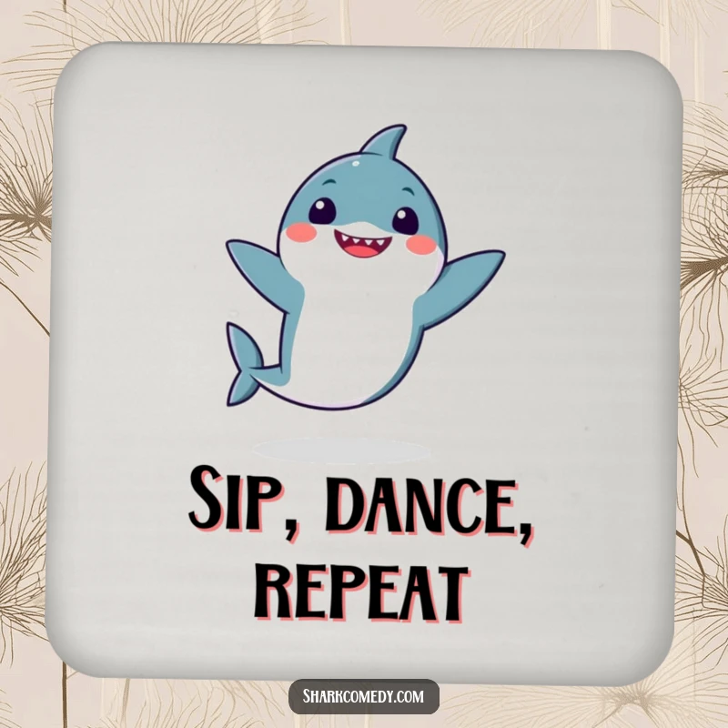 Funny kawaii shark doing a silly dance with flappy fins on a drink coaster, adding a humorous touch to beverage service.