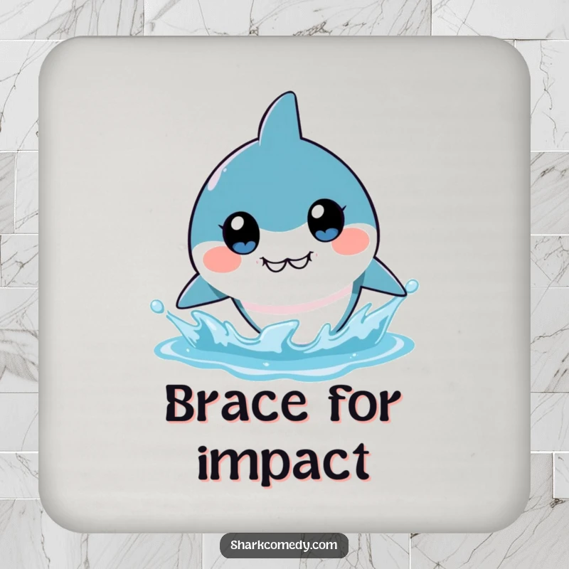 Funny kawaii shark drink coaster featuring large, innocent eyes, poised to splash, protecting surfaces with humor and charm.