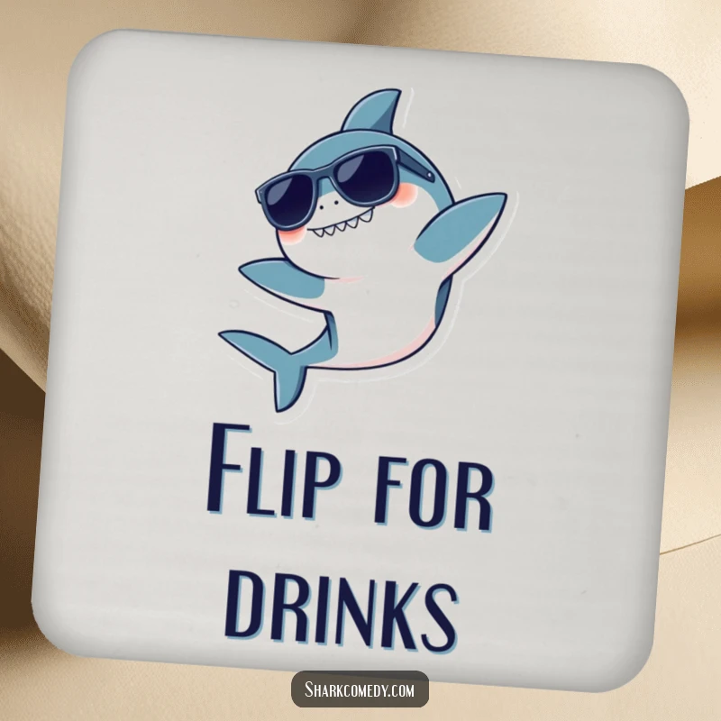 Funny drink coaster featuring a kawaii shark wearing sunglasses, doing a playful flip, adding a touch of cool humor.