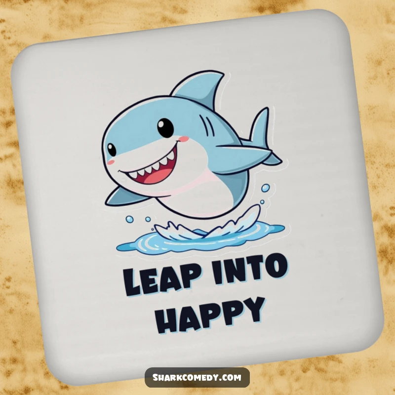 Funny shark coaster featuring a small character with an oversized head, joyfully leaping out of the water, designed to protect tables with humorous flair.