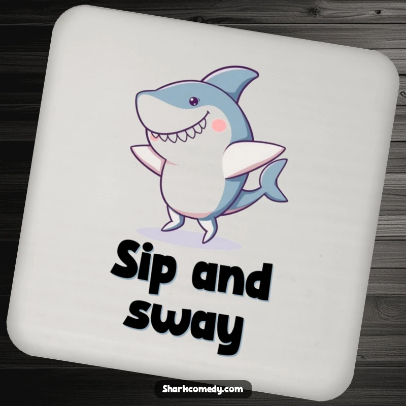 Funny drink coaster depicting a shark in a clumsy, wobbly dance pose with a goofy smile, protecting your surfaces with humor.