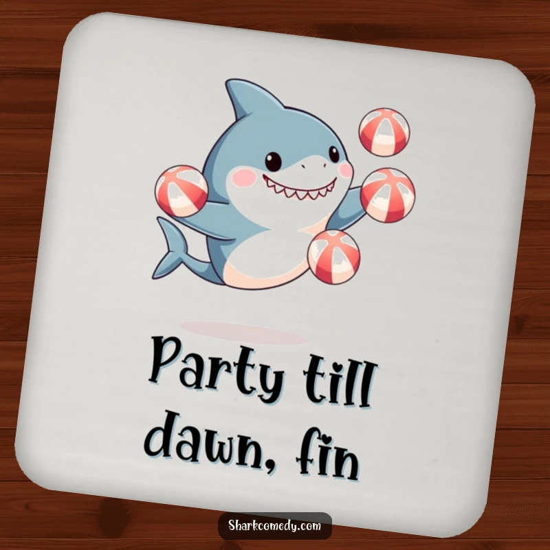 Funny drink coaster featuring a cute shark juggling beach balls, adding a playful and protective touch to your table.