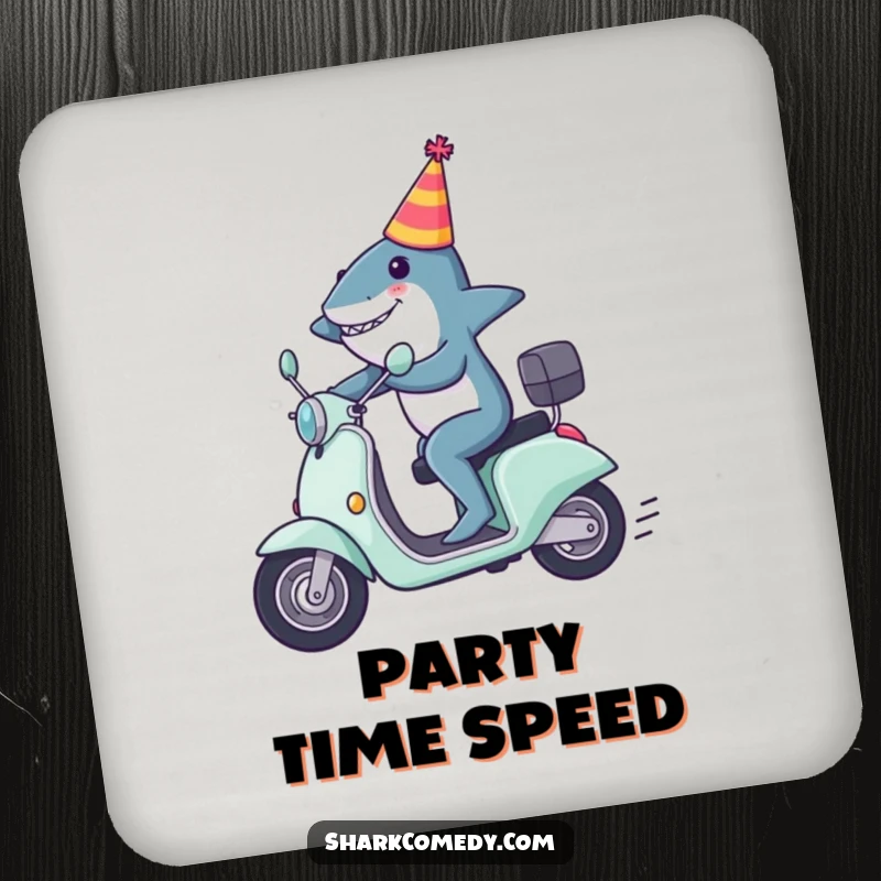Funny shark coaster with a shark in a party hat zooming on a scooter, bringing speed and fun to table protection.