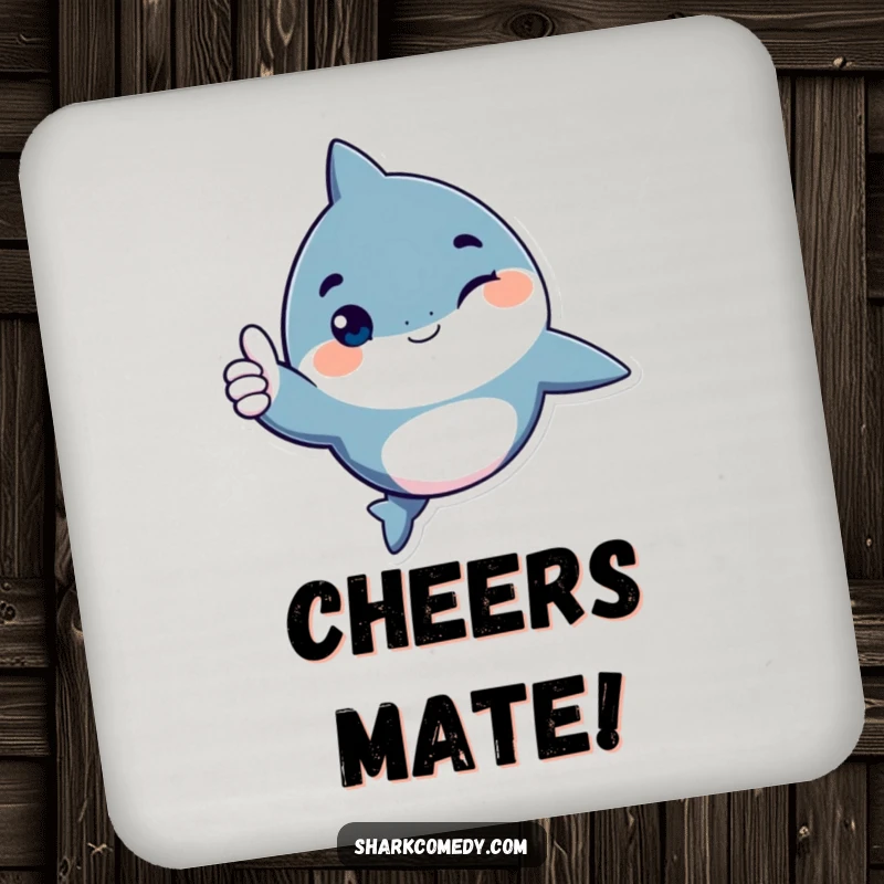 Funny shark character coasters, giving a playful wink and a thumbs up, a positive and humorous set for drinkware, enhancing table decor.