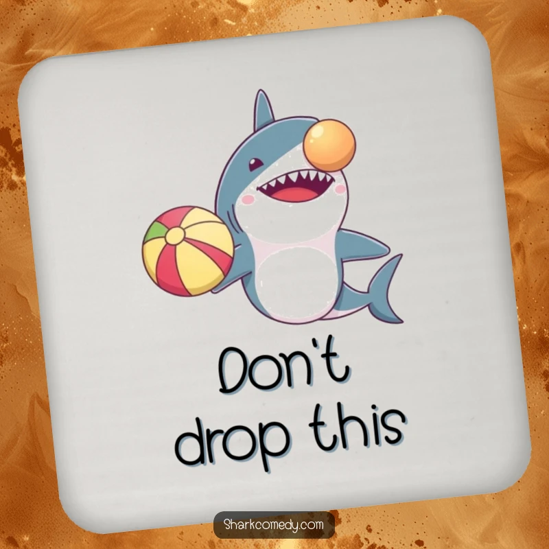 Funny coaster design: a shark with comically small arms struggling to balance a beach ball on its nose. Protects surfaces humorously.