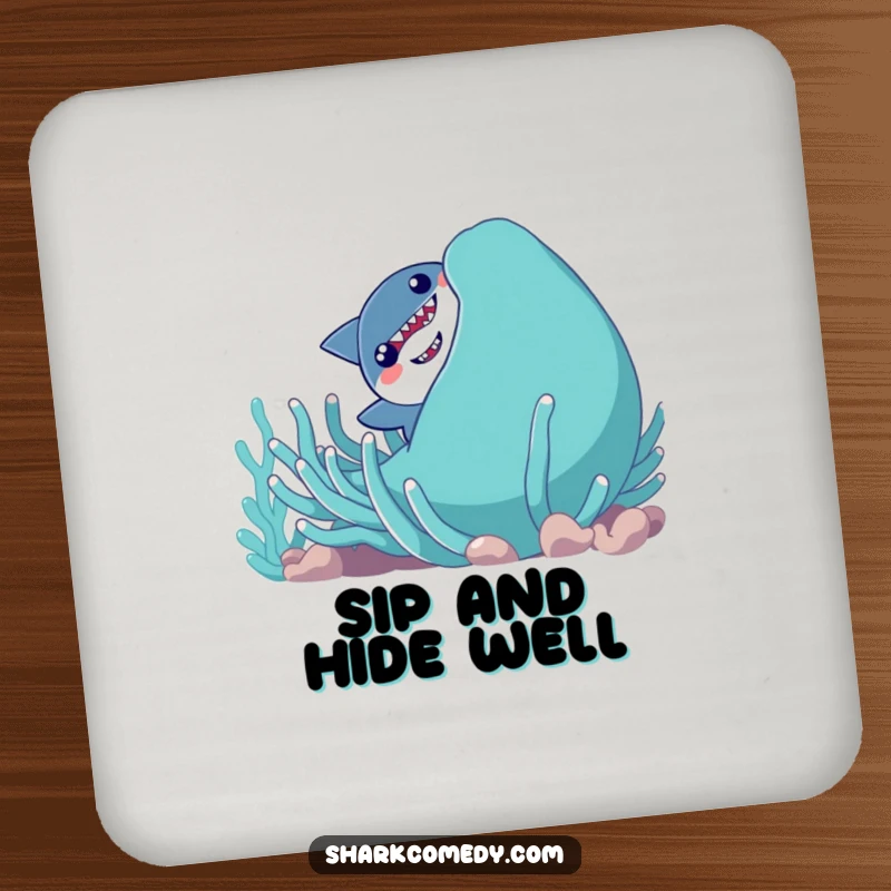 Funny shy shark character peeking from behind a giant, smiling sea anemone on a set of protective drink coasters.