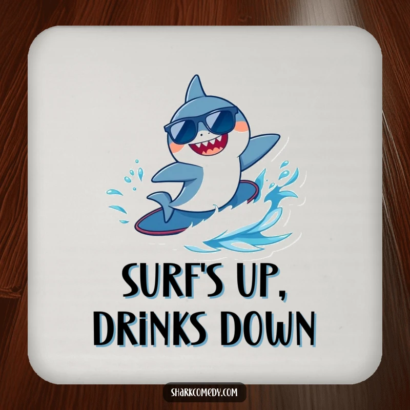 Funny tiny shark wearing sunglasses, joyfully surfing a blue wave, adorning a drink coaster for a touch of beachy fun.