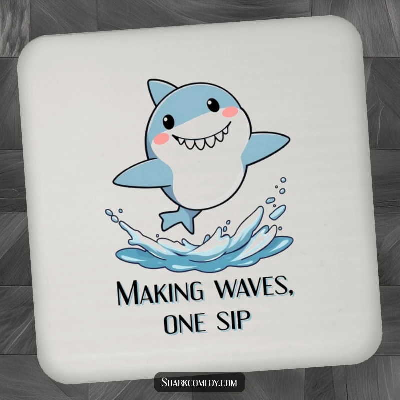 Funny drink coaster featuring a small shark leaping energetically from water with a surprised grin, adding humorous protection.