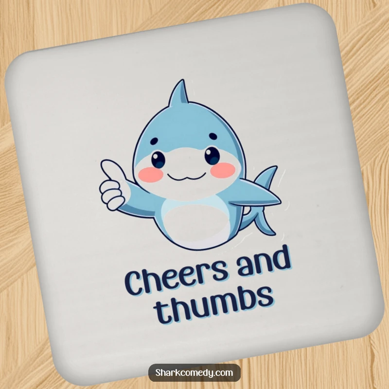 Funny Drink Coaster featuring a shark giving a thumbs up, rosy cheeks adding to the approval.