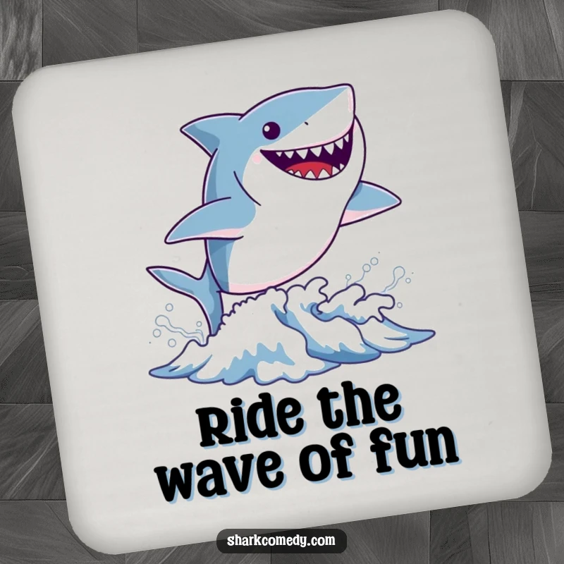 Funny tiny shark drink coasters featuring a small shark leaping from a wave with a wide, cheerful grin, adding humor and protection.