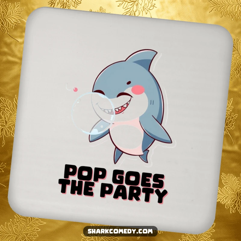 Funny shark winking and blowing a bubble, illustrated on a protective drink coaster, adding whimsical humor to gatherings.