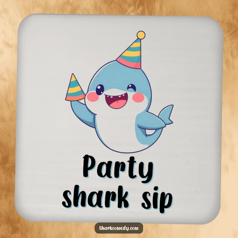 Funny Coaster: A kawaii shark wearing a party hat looks excited, offering humorous surface protection.