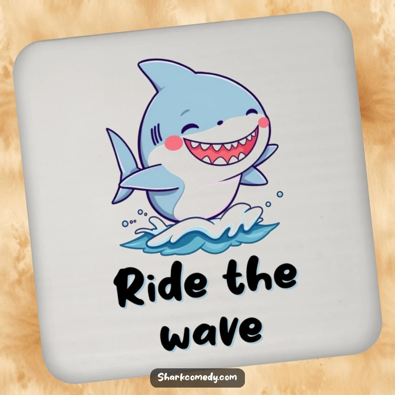 Funny kawaii shark with a silly grin riding a small wave on a drink coaster, adding humorous beach vibes.