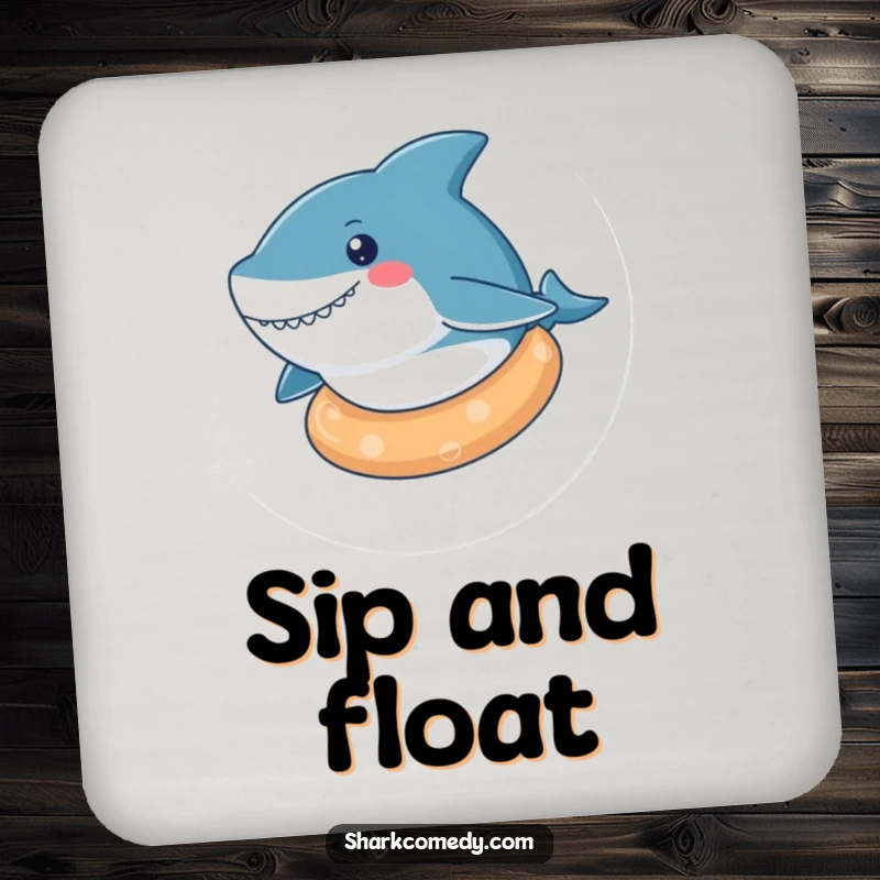 Funny kawaii shark drink coaster featuring a cute shark floating on a rubber ring, adding a touch of calm humor.