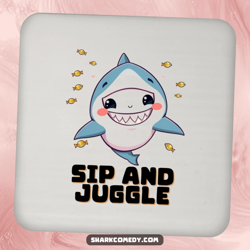 Funny drink coaster featuring a kawaii shark with a wide grin, juggling tiny fish, adding a touch of playful humor.
