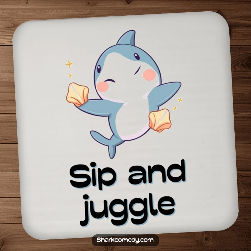 Funny shark drink coaster, a charming coaster featuring a shark winking while juggling three shiny seashells, adding aquatic fun to surfaces.