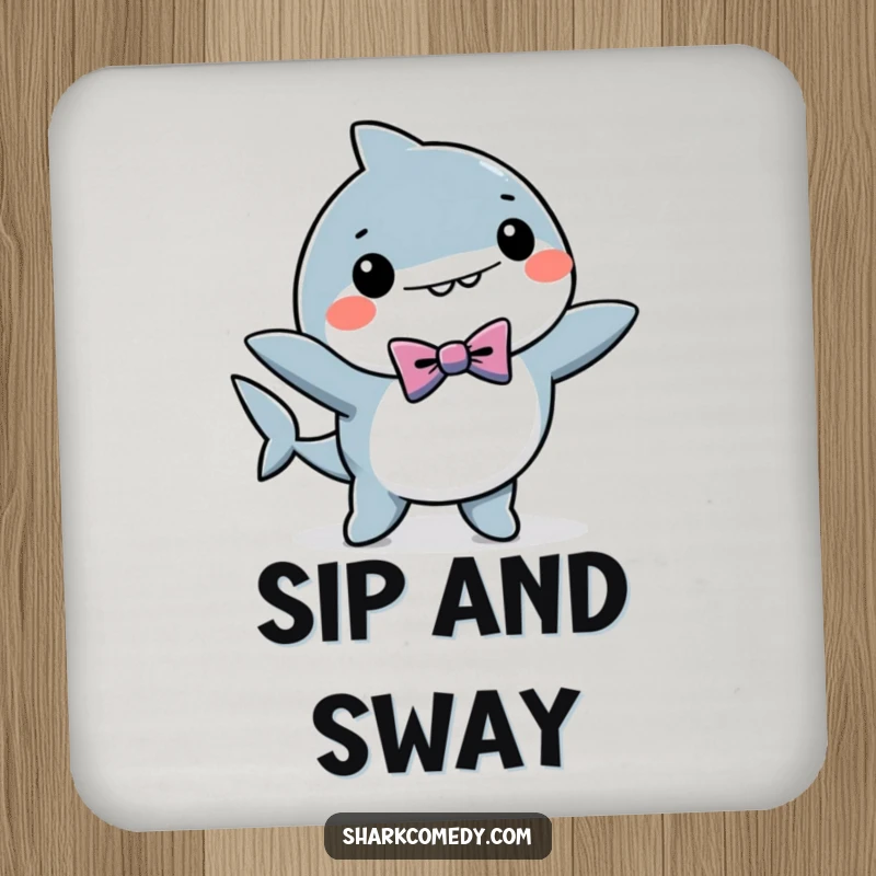 Funny kawaii shark drink coaster featuring a shark in a bow tie, doing a dance, adding humor and style to surfaces.