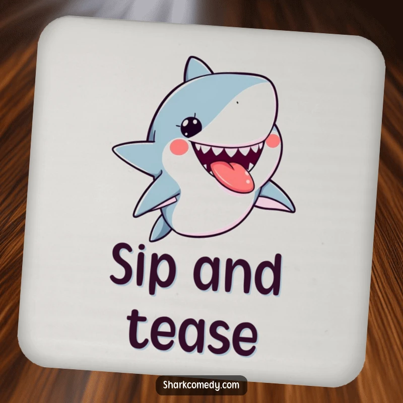 Funny kawaii shark drink coaster featuring a cute shark sticking its tongue out playfully, adding a humorous touch to any setting.