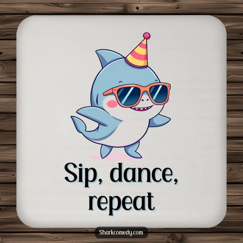Funny shark wearing oversized sunglasses and a tiny party hat, dancing on a set of protective drink coasters.
