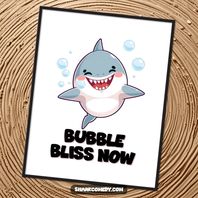 Funny Poster of a joyful shark blowing bubbles, adding a cheerful aquatic vibe to any room.