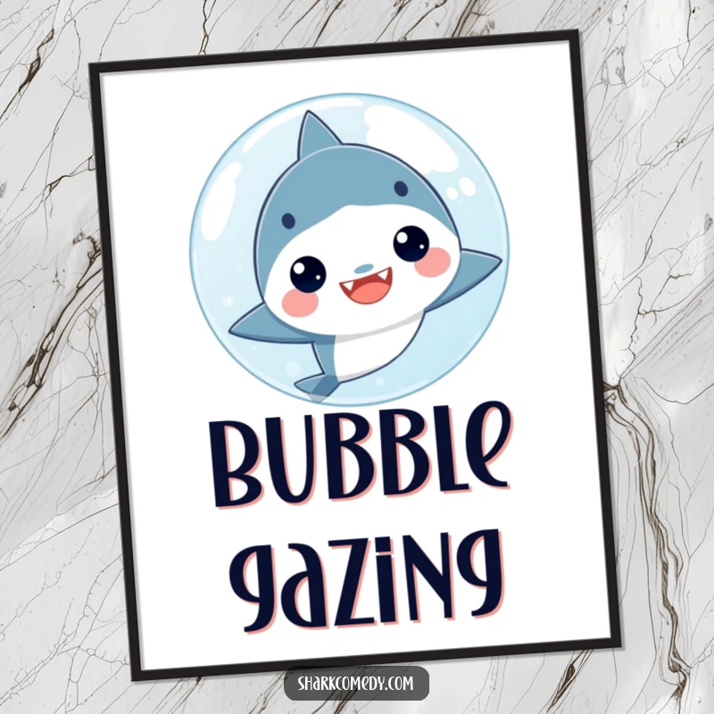 Funny kawaii shark peeking out from a large bubble, depicted in a cute art print for wall decoration, bringing joy.