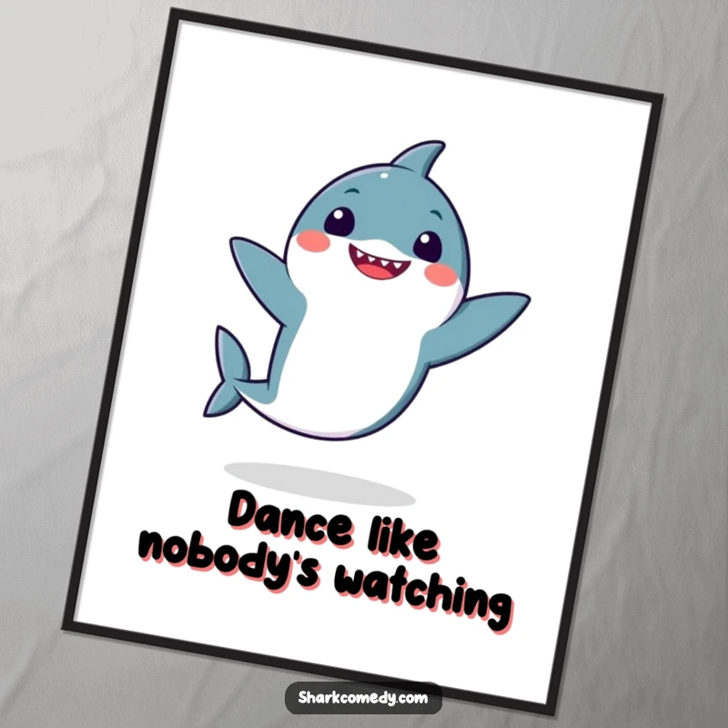 Funny kawaii shark performing a goofy dance with flappy fins, captured in a vibrant poster, bringing a wave of cheerful silliness to any wall.