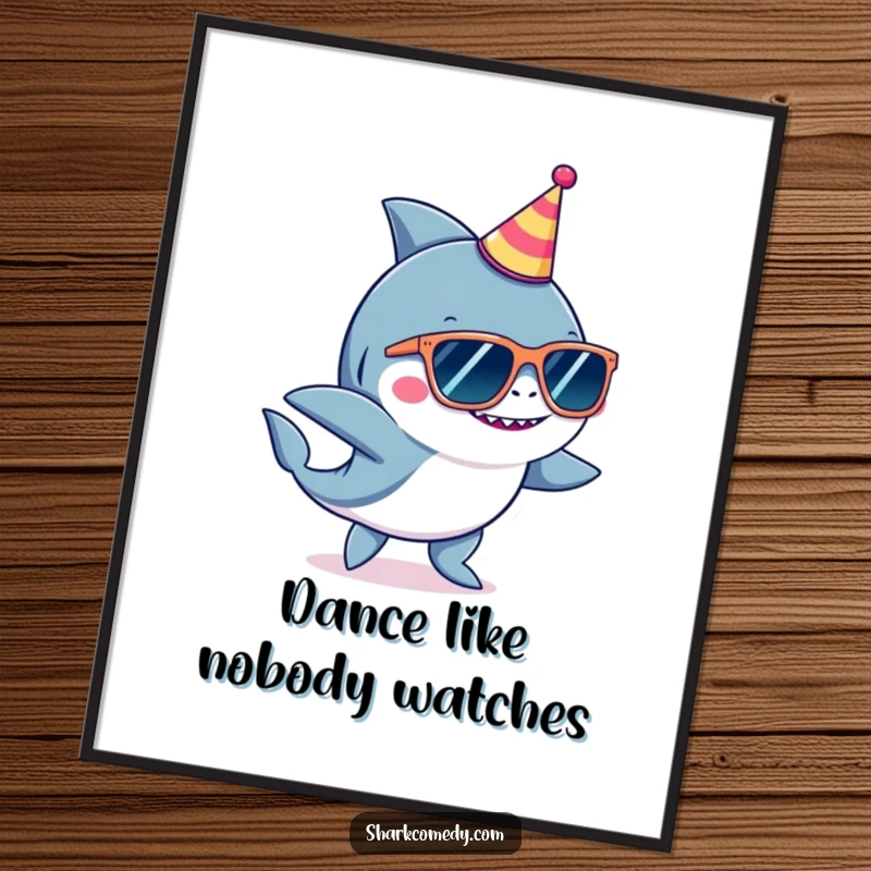 Funny shark wearing oversized sunglasses and a tiny party hat, dancing ecstatically on a high-quality poster.