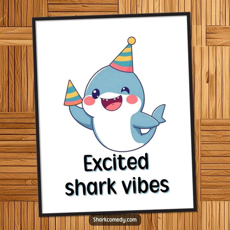 Funny Poster: A kawaii shark wearing a party hat looks excited, a humorous and festive piece of art.