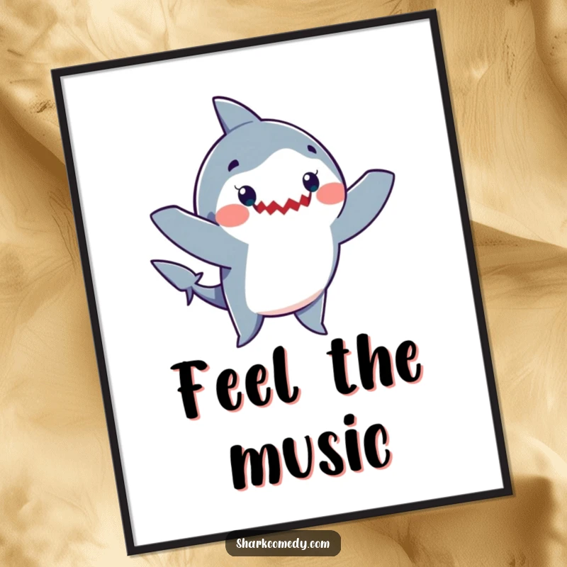 Funny poster print of a cartoon shark with its arms enthusiastically waving while doing a silly, happy dance, radiating pure joy.