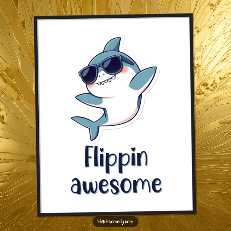 Funny poster of a kawaii shark wearing sunglasses, performing a playful flip, exuding cool and carefree energy.