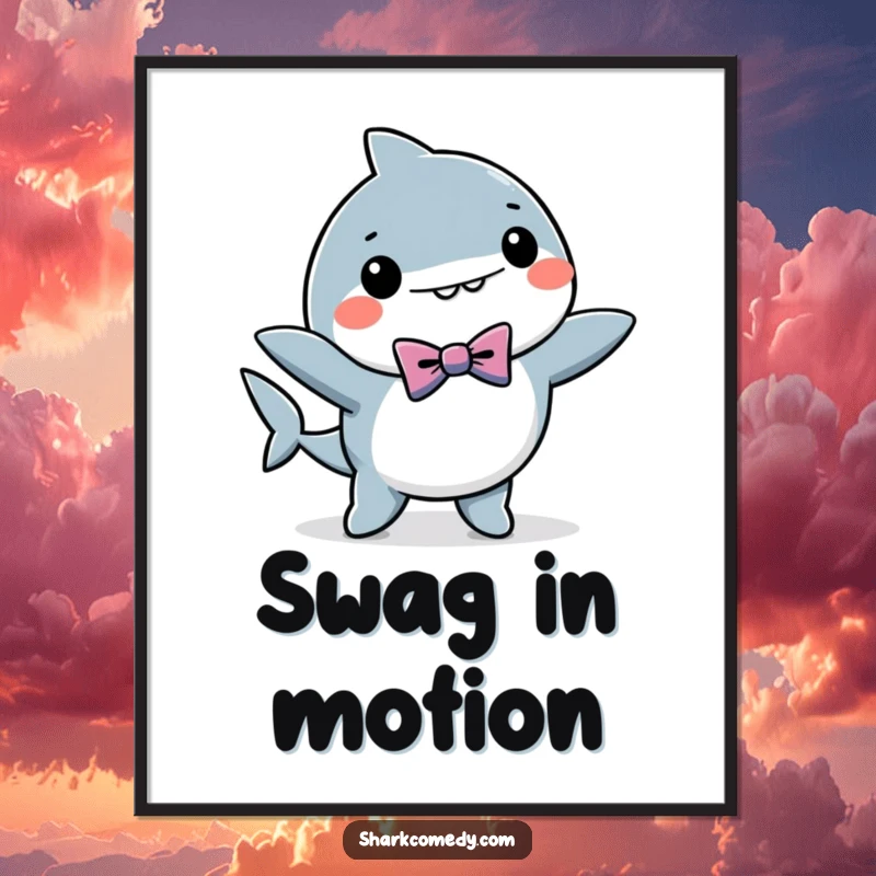 Funny kawaii shark poster showing a shark in a bow tie performing a delightful dance, perfect for humorous wall decor.