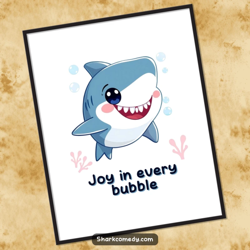 Funny smiling shark character, blowing bubbles underwater with wide, happy eyes, creating a humorous and joyful piece of wall art.