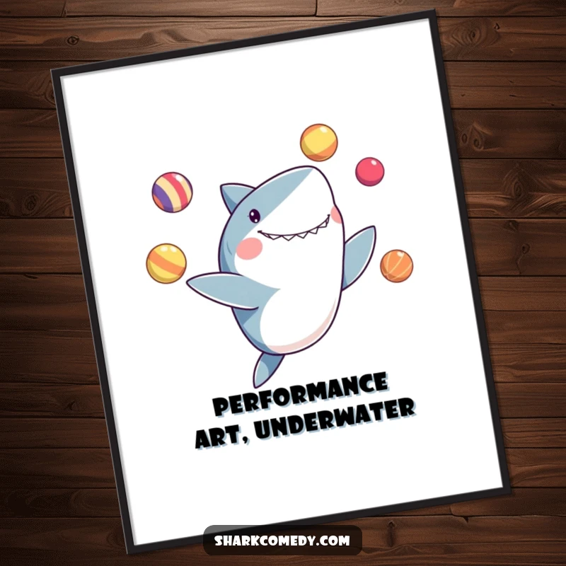 Funny poster art showing a shark joyfully juggling colorful balls with its fins, highlighting aquatic performance.