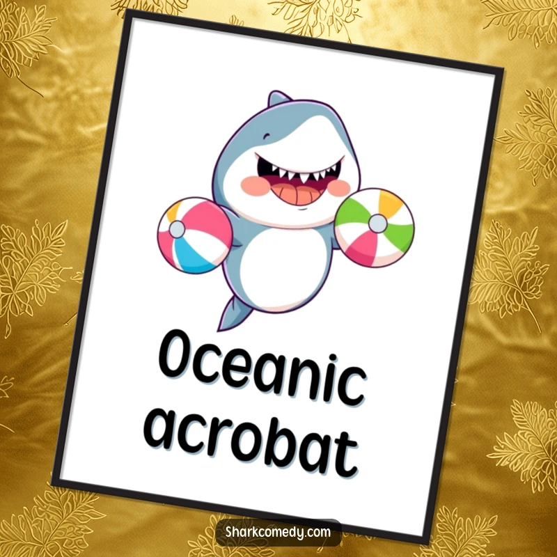 Funny shark juggling beach balls, presented as vibrant wall art, bringing seaside amusement to any room.