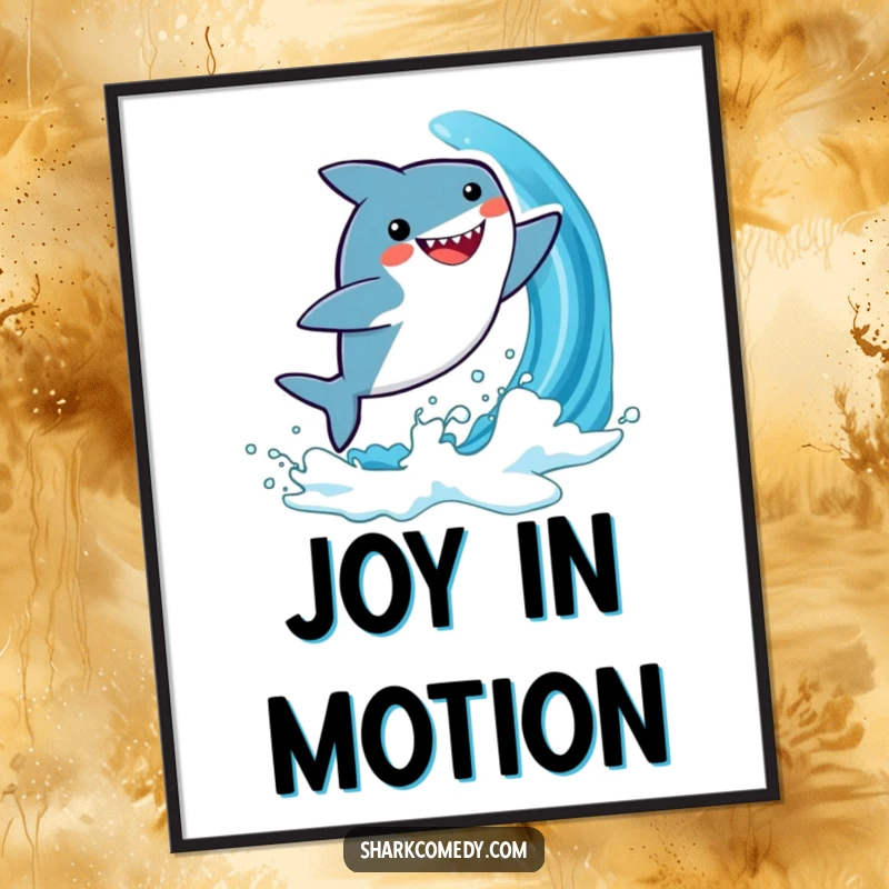 Funny poster print of a cute, kawaii shark joyfully leaping from a blue wave, creating a lively and energetic visual.