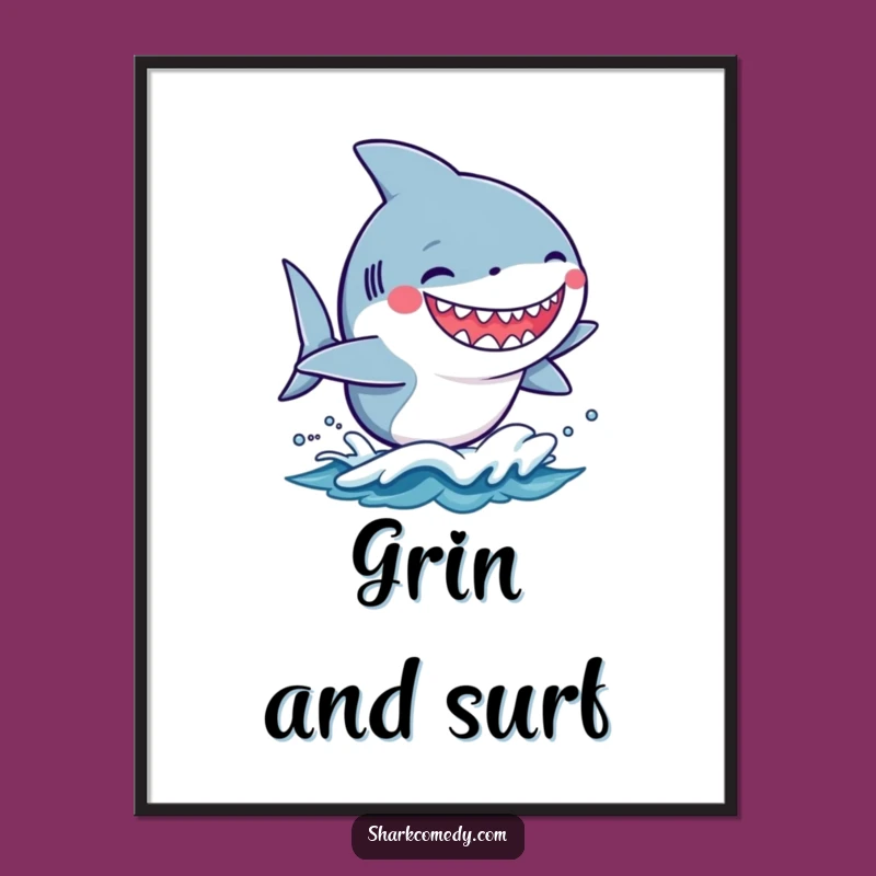 Funny Kawaii Shark Wave Poster - Silly Grin Beach Art Gift
