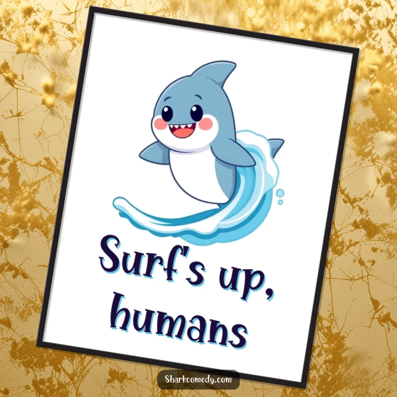 Funny Kawaii Shark Poster: An illustration of a shark happily surfing a wave, capturing coastal fun.