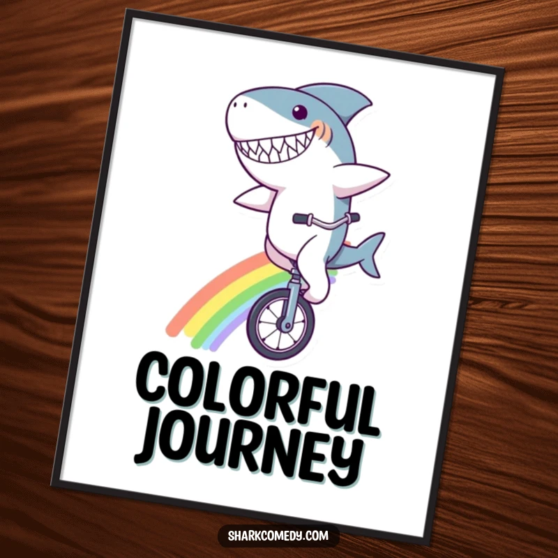 Funny shark character poster, with a goofy grin, riding a unicycle on a bright rainbow, a humorous and whimsical artwork for wall decoration.