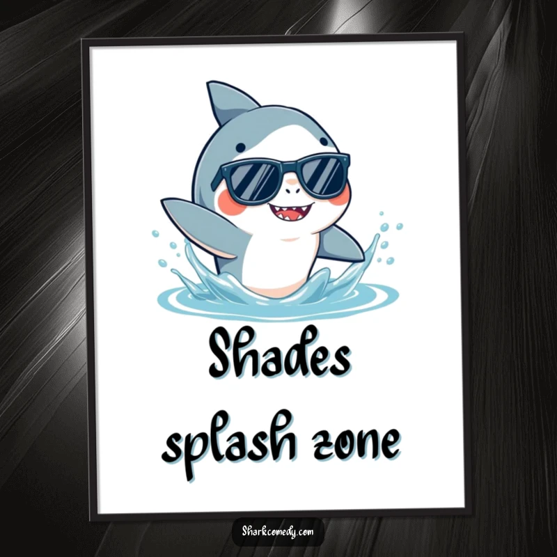 Funny Shark Sunglasses Poster showcasing a cool shark in shades, playfully splashing water, adding a touch of oceanic humor to decor.