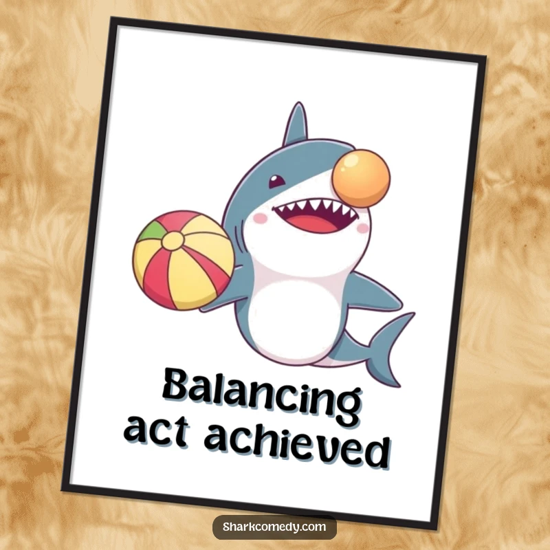 Funny poster art: a shark with comically tiny arms struggles to balance a beach ball on its nose, creating a humorous visual.