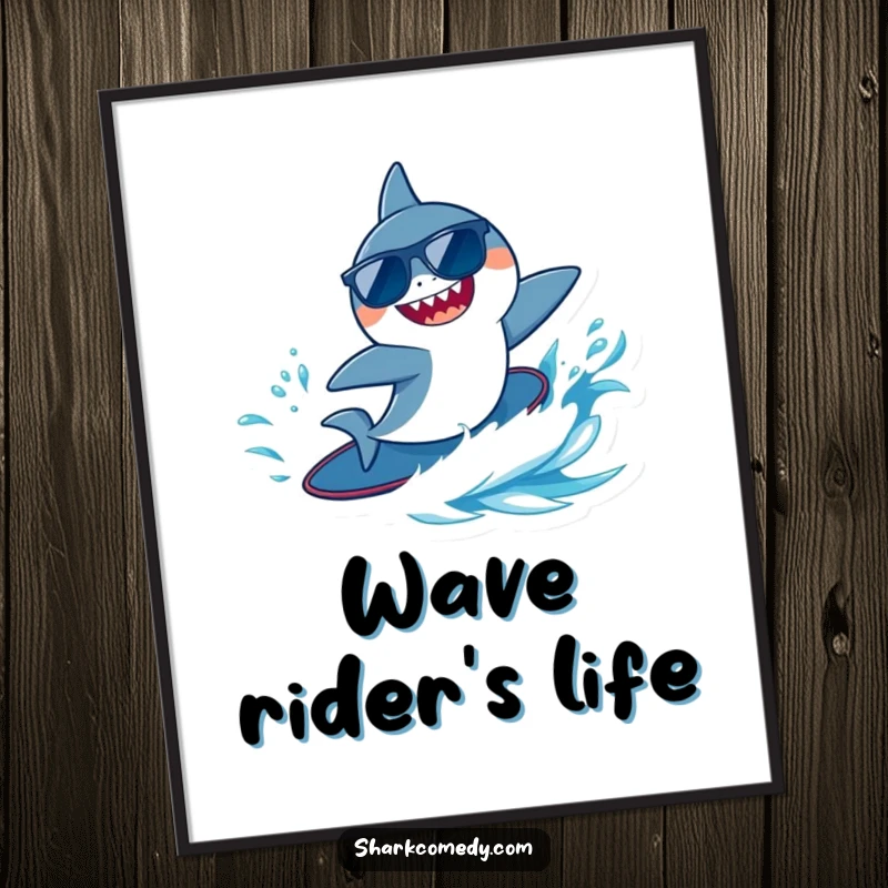Funny tiny shark wearing sunglasses, joyfully surfing a blue wave, creating a humorous and dynamic piece of wall art.