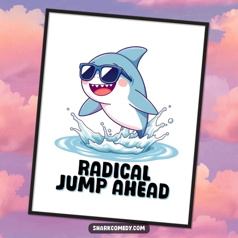 Funny tiny shark poster of a shark wearing sunglasses, leaping joyfully from a water splash, perfect for humorous wall decor.