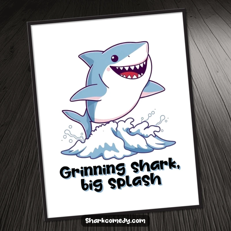 Funny tiny shark poster of a small shark leaping from a wave with a wide, happy grin, creating a dynamic and cheerful ocean scene.